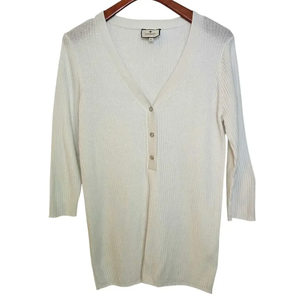 Tuckernuck Cream White Ribbed Henley 3/4 Sleeve Knit Sweater